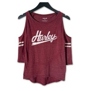 Hurley Cold Shoulder Graphic Top Women XS Surfcore Skater Y2K Style Burgundy